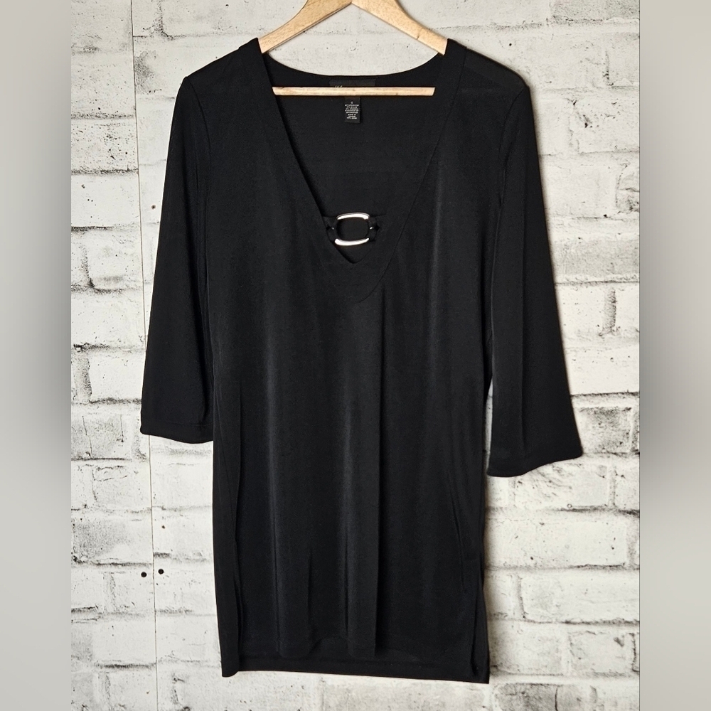 INC International Concepts Black Tunic Top Silver Hardware V Neck Small